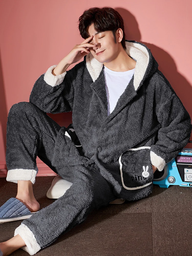 Flanner Men Pajama Winter Pajamas Loose Version Lady Sleepwear Hooded Lovers Pajamas Packed Medium Style Thicken Nightdress