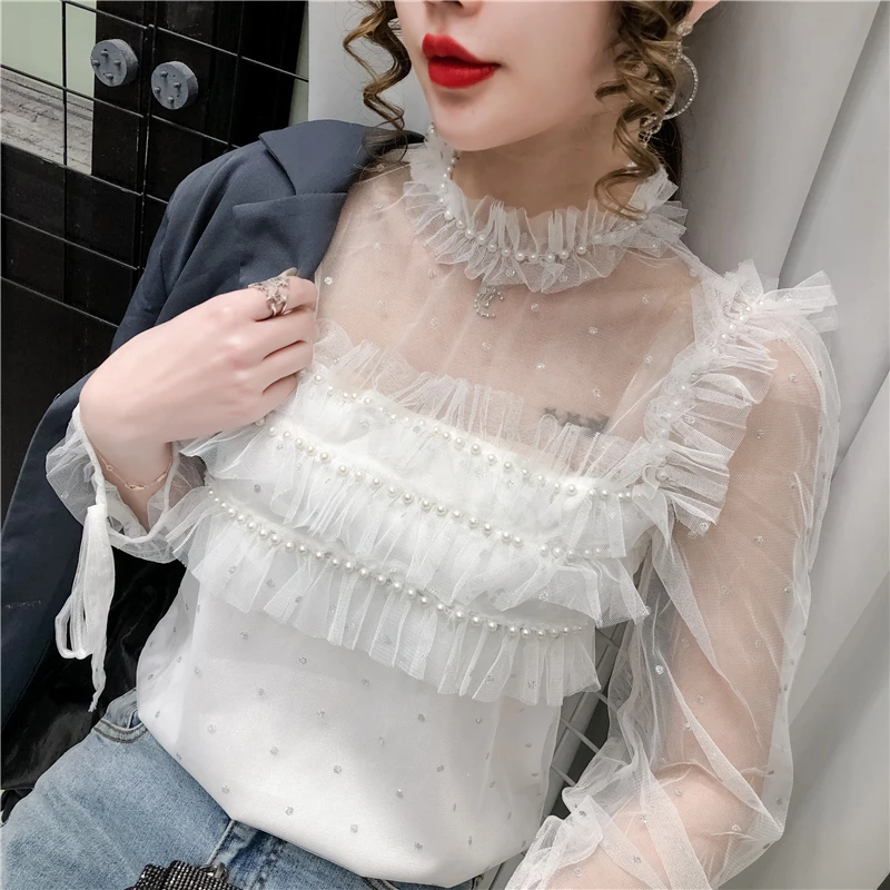 

Solid Blusas Mujer Long Sleeve 2021 New Women Blouse Transparent Autumn Mew Sexy Mesh Ruffle Beaded Blouse Shirt 612E liang