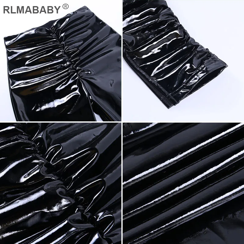

Autumn Winter Women PU Leather Ruched Pants Slim High Waist Pants Fashion Hem Splits Streetwear Ladies Trousers Sexy Club Pants