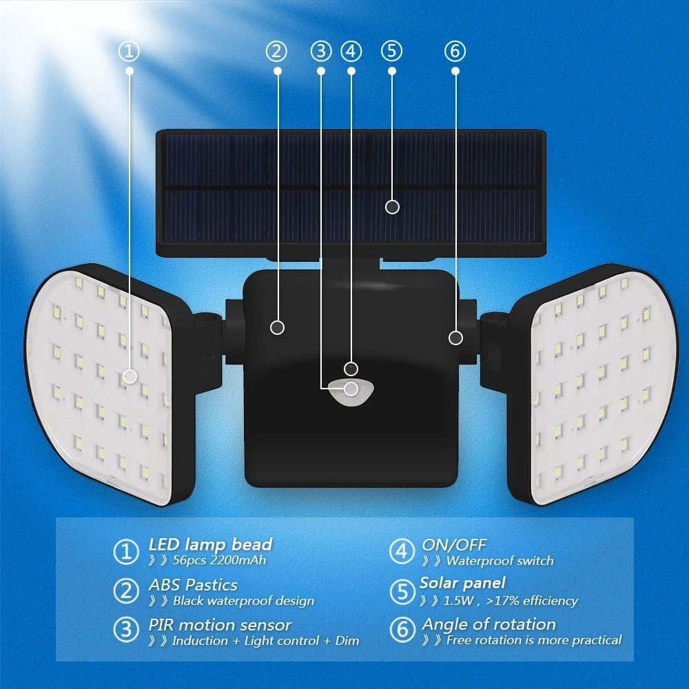 

Outdoor Wall lamp Solar LED Light Motion Sensor Wall Lights 30 LED IP65 Waterproof Dual Light Head Patio Garage Fast Shipping