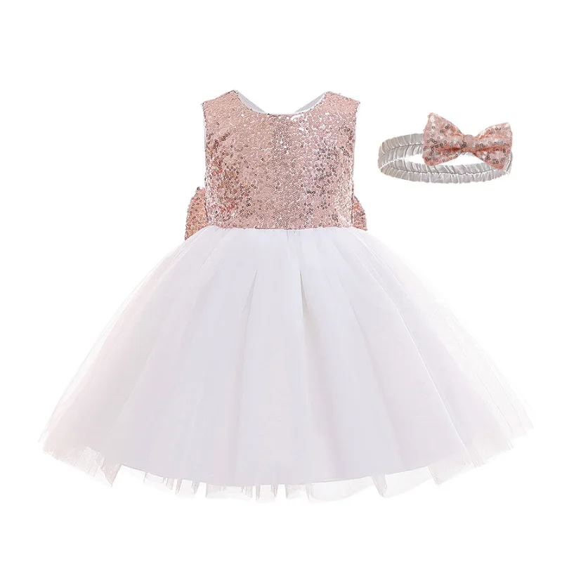 

0-2 years old baby girl Dress bowknot accessories sequined princess dresses Cotton lining free hair band Beibei quality clothing
