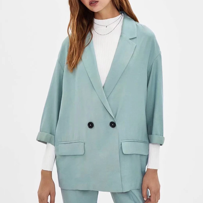 

Women Summer Casual Loose Blazers Coats Suits 2021 ZA Solid Double Breasted 3/4 Sleeve Female Fashion Street Blazer Outerwear