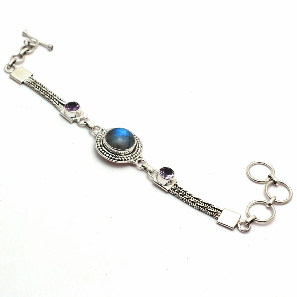 Браслет из натурального Лабрадорита и аметиста серебро 925 пробы подарок для