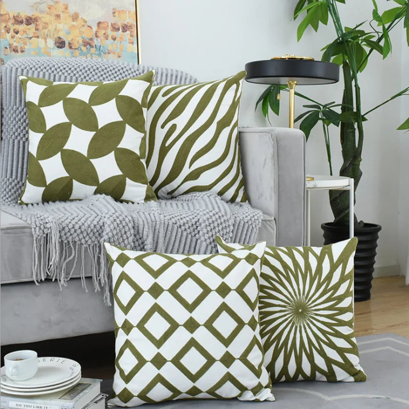 

Home Decor Embroidery Cushion Cover Nordic Style Green Geometric Canvas Square Decorative Pillows Sofa Bed Pillowcase 45x45CM