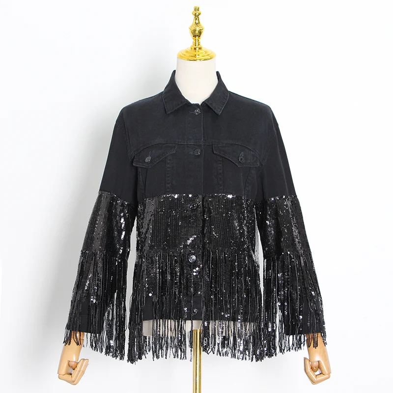 

VGH White Patchwork Tassel Sequin Jacket For Women Lapel Long Sleeve Hit Color Casual Streetwear Jackets Female Fashion New Tide