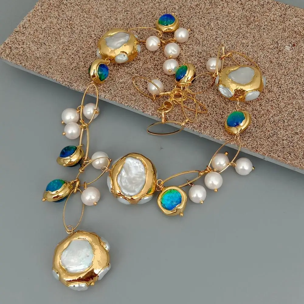 Y · YING Пресноводный Культивированный белый жемчуг Кеши синее муранское стекло