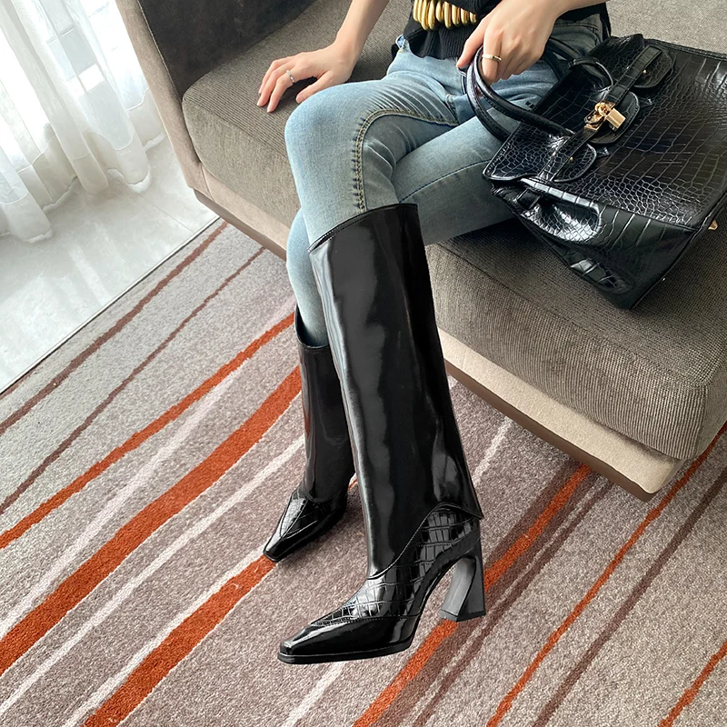 

2021 New White Boots High Black Martin for Women Fashion Leather Designer Long Trends Shoes Luxury Brand High Quality Square Toe
