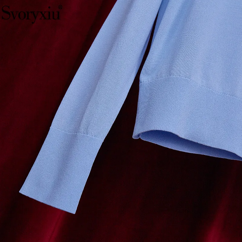 

Svoryxiu Women's Spring Summer Thin knitting Jackets Fashion Designer Silk Flower Print Patchwork Blue Sweater Cardigan 2021