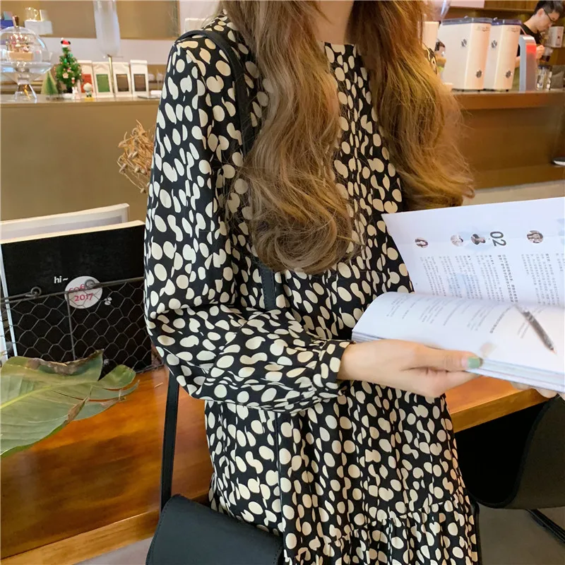 

2021 Spring, Summer and Early Autumn New Design Korean Fashion Retro Single-wear Multi-match Long-sleeved Polka Dot Dress
