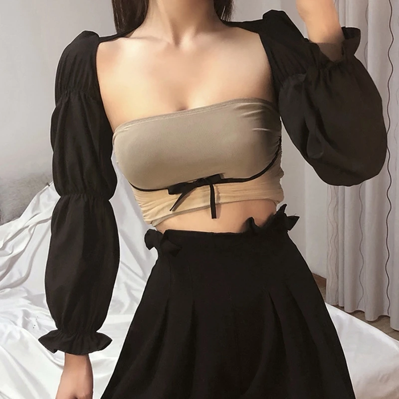 

Women 2Pcs Sexy Ruched Mesh Camis Bandeau with Puff Long Sleeve Lace-Up Crop Top MXMA