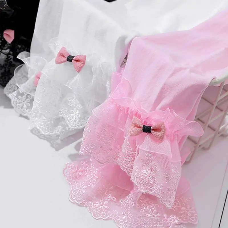 Леггинсы для девочек Однотонные эластичные с кружевной отделкой бантом до