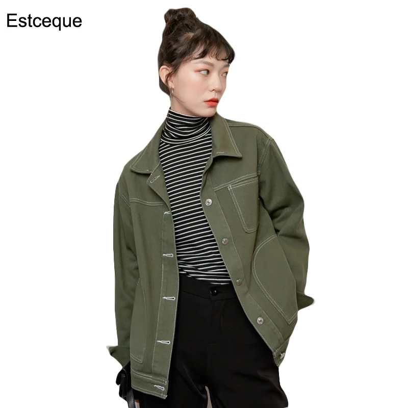 

Harajuku Vintage Loose Denim Jacket Topstitched Long Sleeve Female Army Jacket 2020 Women Clothing Jacket