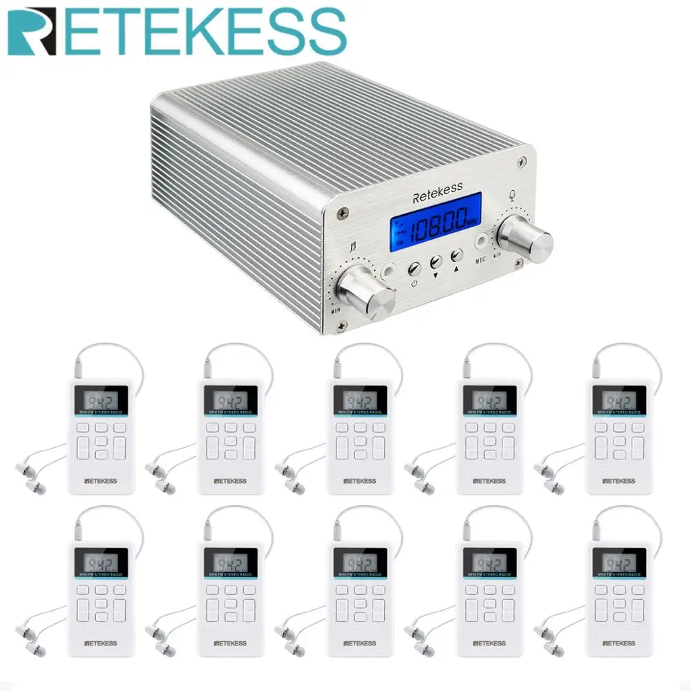 Беспроводной fm передатчик Retekess TR501 6W радиостанция + 10 шт. радио TR612 для передачи на