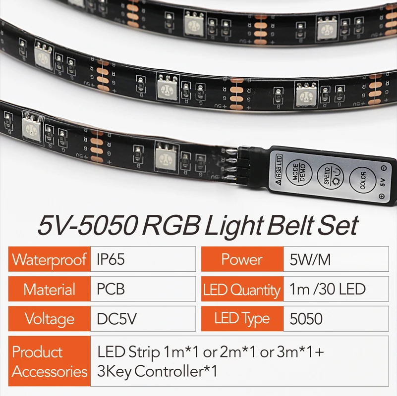 Водонепроницаемая светодиодная лента 5050 RGB IP65 5 В USB 3 клавиши 1 м 2 гибкая неоновая