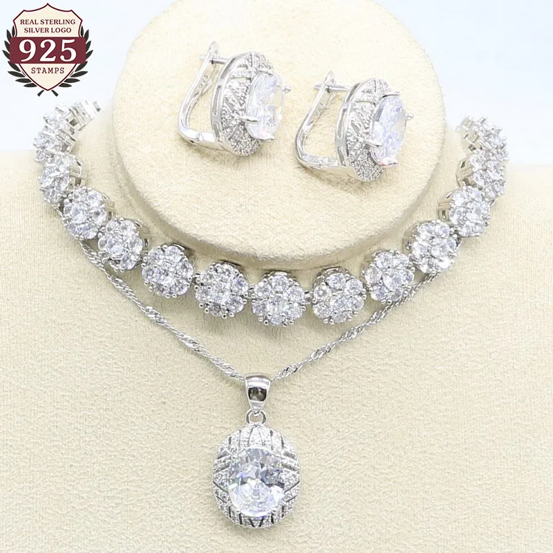 925 марка серебряный цвет набор украшений для женщин браслет из белого циркония