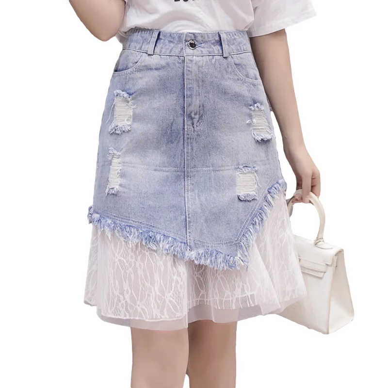 

Plus Size S-5XL Denim Skirt Lace Stitching Mini Jeans Women 2021 Summer Trend Korean Fashion Ladies Elegant Casual Clothes
