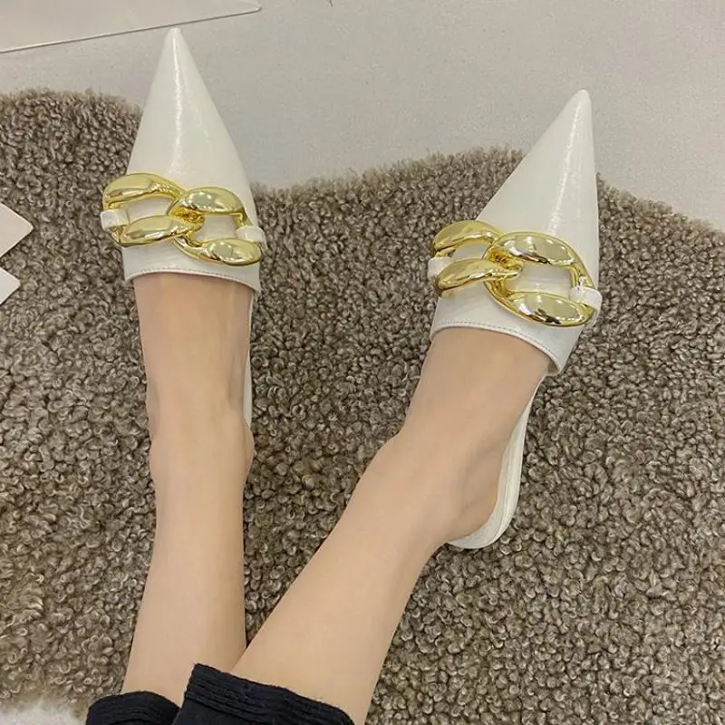 

2021 Summer Women's Shoes Pointed Toe Flats Slippers Metal Chain Sandals Modern Slippers Solid Sandalias Femininas Flat Slides