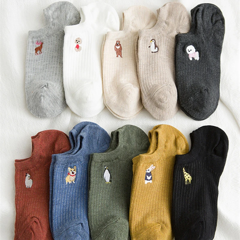 Новые летние хлопковые невидимые женские носки с вышивкой модные милые короткие