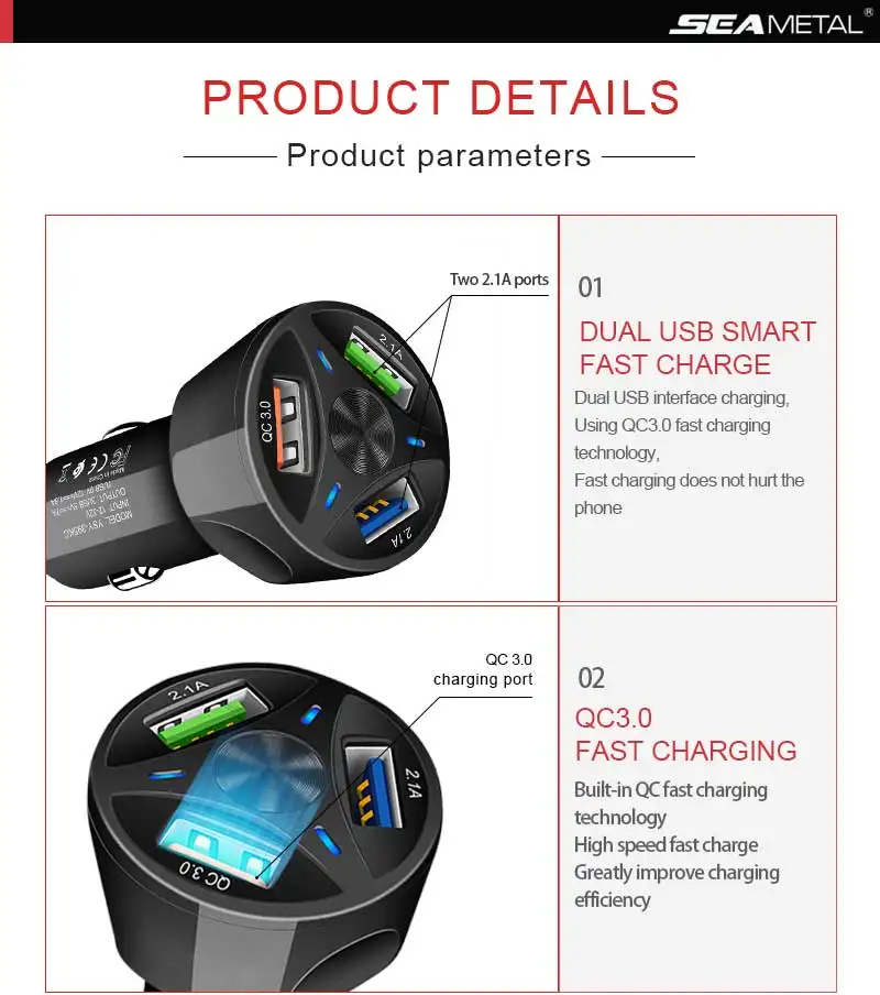 QC3.0 Cigarette Lighter Charger 3 USB Car Cigarette Lighter Socket 2.1A Fast Charging Car Socket Adapter USB Cigarette Lighter