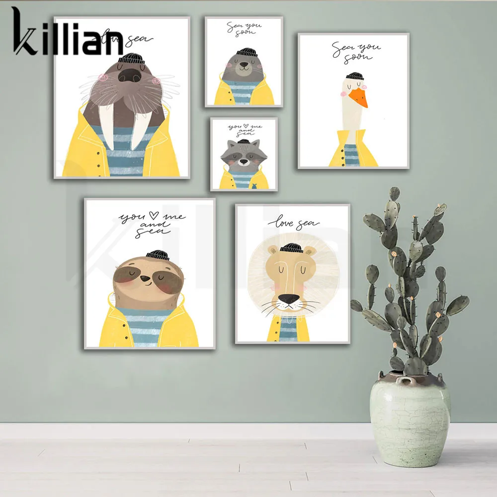 

Love Sea Canvas Painting Wall Art Lion Seal Raccoon Goose Cute Creative Animals Cartoon Posters and Prints for Kids Room Decor
