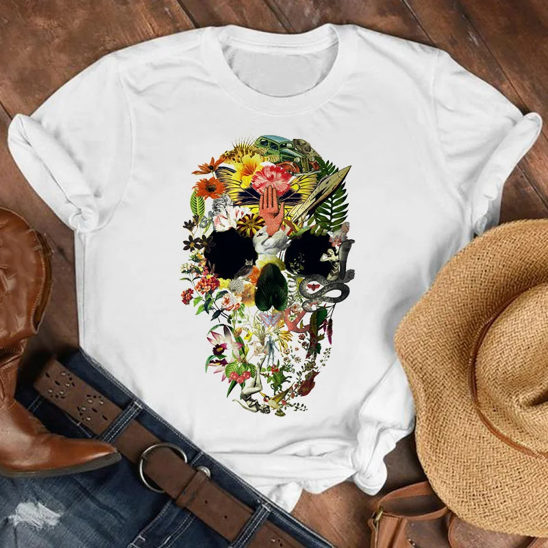 Женская футболка с коротким рукавом принтом черепа в стиле 90 х|Футболки| |