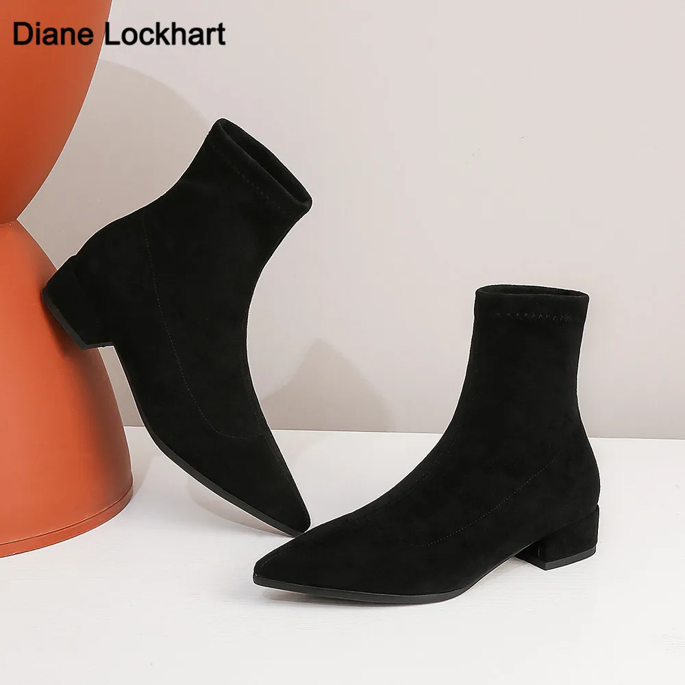 Женские ботильоны с острым носком на низком каблуке зимние ботинки из флока