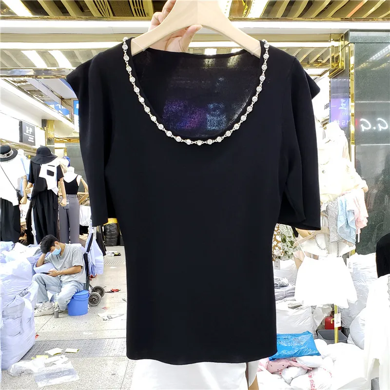 

2021 Summer New Solid Color Short Sleeve Shirt Top Women's Beaded Short Puff Sleeve All-matching Slimming T-shirt