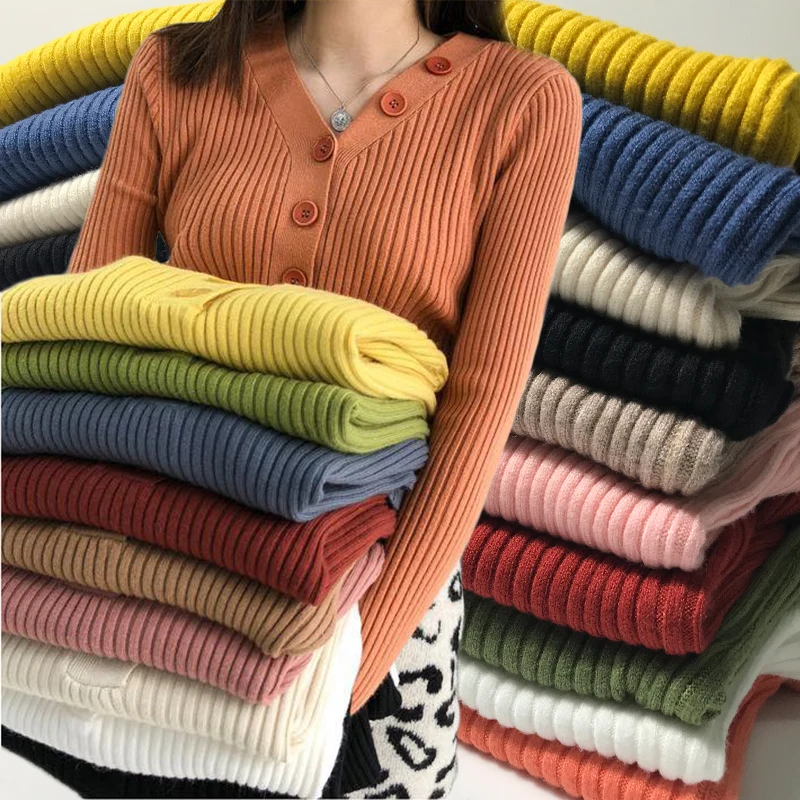 Большие размеры женские свитера с пуговицами весна осень зима однотонный