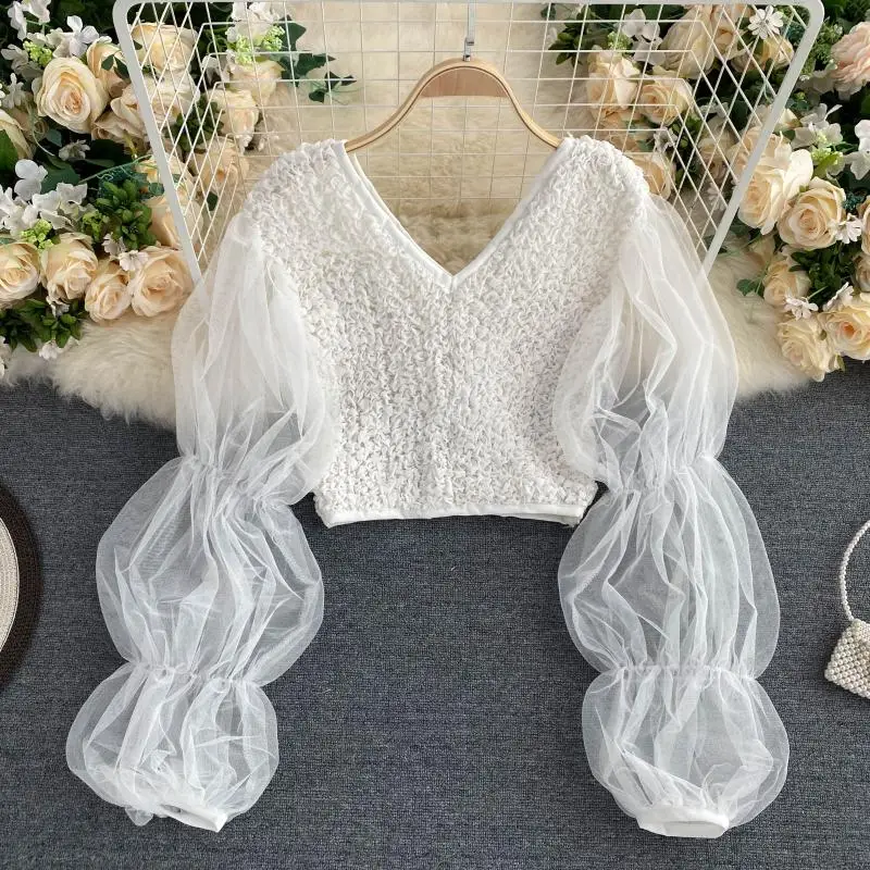 

Mesh Long Puff Sleeves Tops 2020 New Fashion Women's Pleated Chiffon Short Holiday Shirt V Neck Elegant Blouse H880