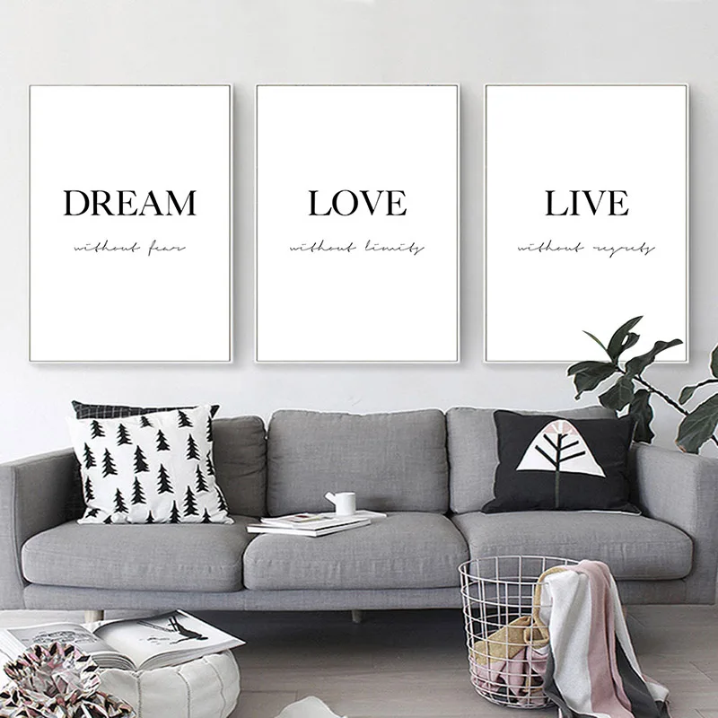 

Dream Love Motivational Poster Black White Simple Quotes Canvas Wall Art Print Painting Minimalist Room Decoration Picture