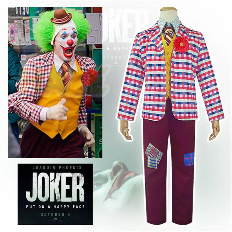 

2019 Joker Joaquin Phoenix Authur Fleck Cosplay Costume Plaid Coat Complete Set Halloween Party Adult