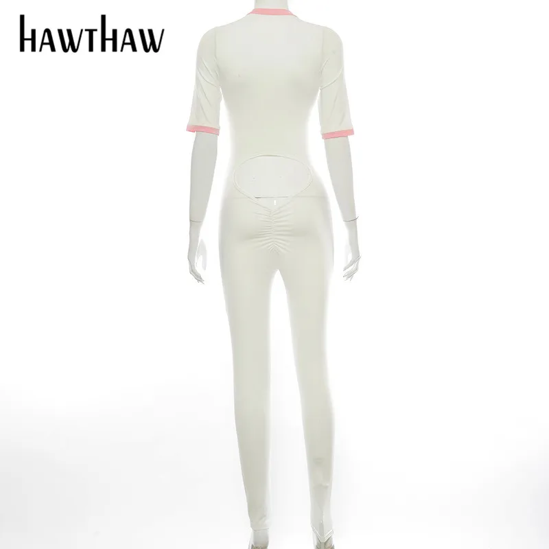 

Hawthaw Women Summer Short Sleeve Zipper Bodycon Sportswear Slim Jumpsuit Overall Playsuit 2021 Female Clothing Streetwear