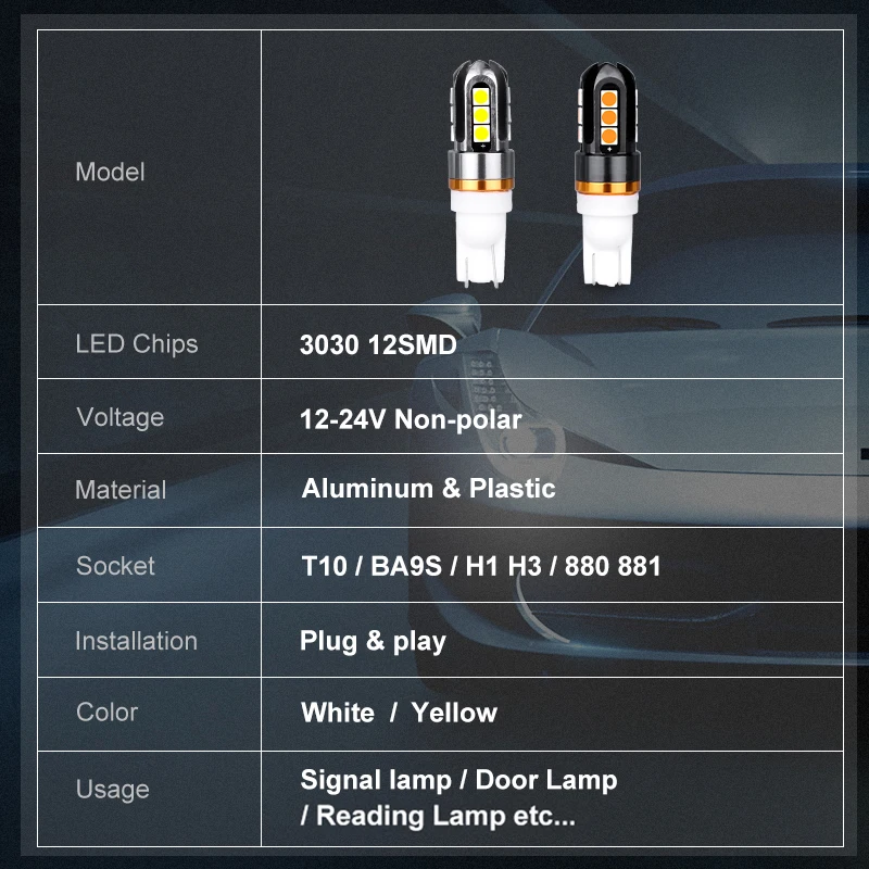 

Carlitek 2pcs 12 SMD 3030 LED T10 194 501 158 W5W 168 Wedge Tail Side Bulb Car Interior Lights Auto Clearance Lamps DC 12V 24V