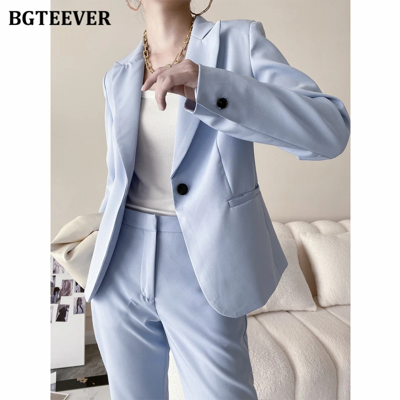 

BGTEEVER Chic Blue Women Trousers Suits Long Sleeve One Button Female Jacket & Pencil Pants Autumn Winter Women Suits 2021