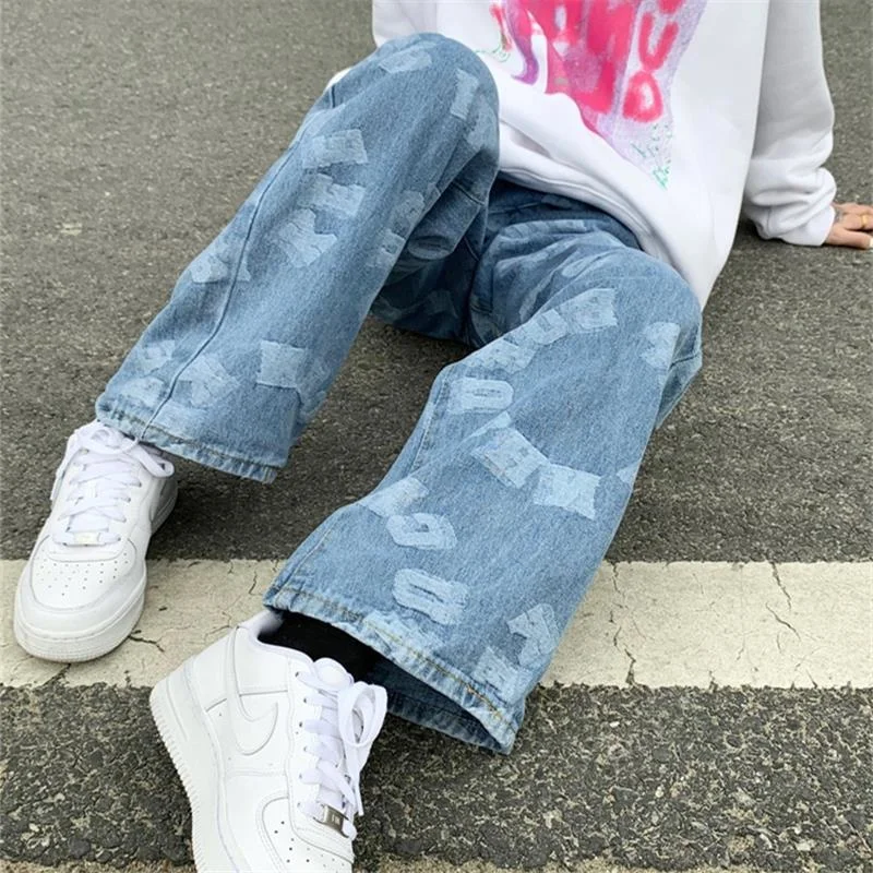 

Женские джинсы с высокой талией, светло-голубые джинсы в стиле хип-хоп с американским принтом, 2021