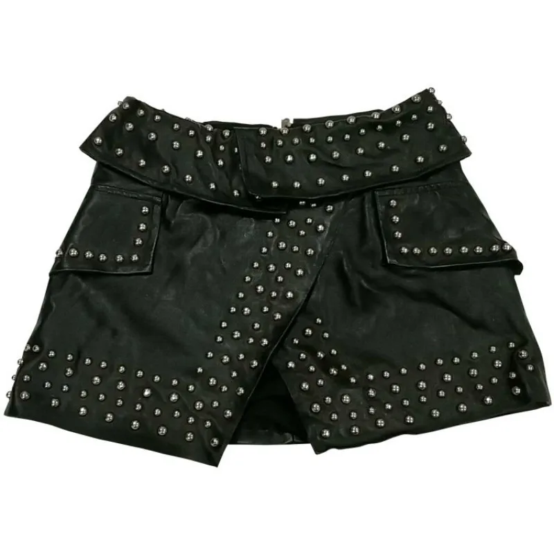 

High Quality Luxury Womens Skirts Fashion Solid Genuine Leather Rivet Skirts Female Spring Personality A-Line Skirts Plus Size