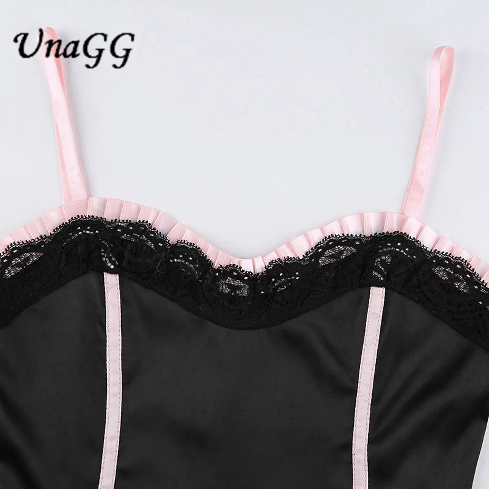 

UnaGG Black Goth Aesthetic Cami Crop Top Patchwork Lace Trim Vintage E Girl Clothes Contrast Stitched Lace Up Summer Y2K Tops #1