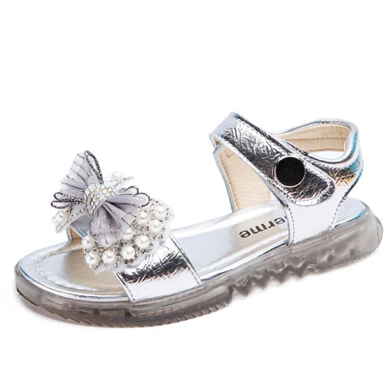 

Newest Summer Children Shoes Girls Casual Sandals Fashion Rhinestone Pearl Bow Princess Sandals Non-slip Breathable Flat Shoes