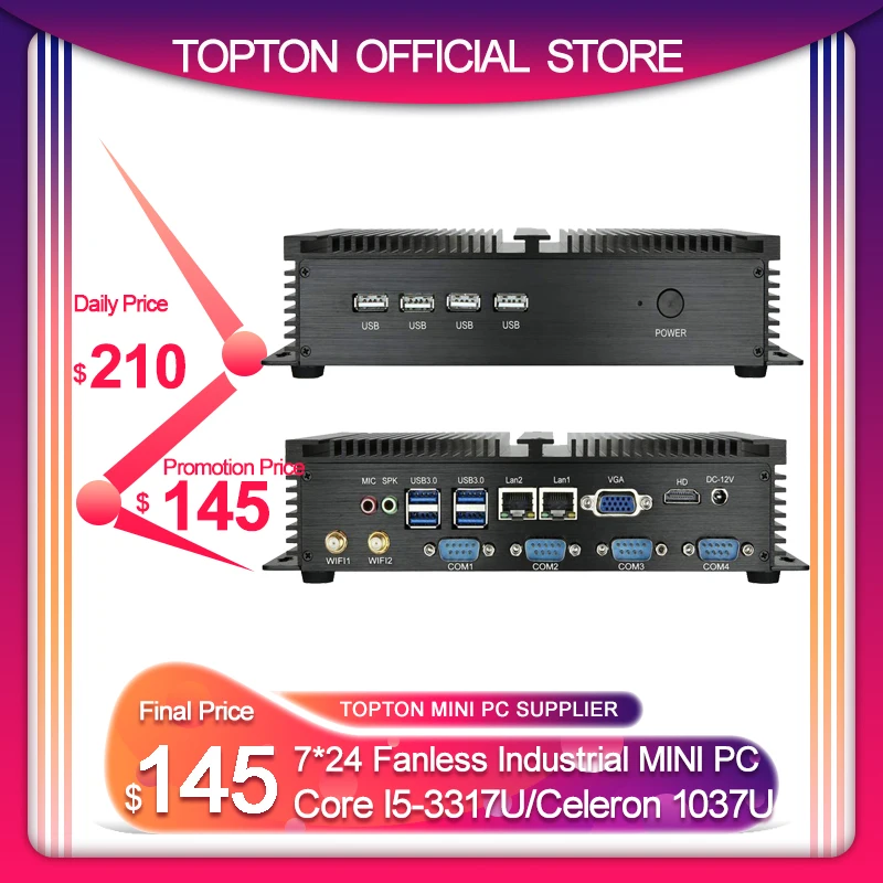 ToptonFanless промышленный Мини ПК Windows XP/7/10 Intel i5 3317U 1037U Dual Nics 4 * RS232 Настольный компьютер