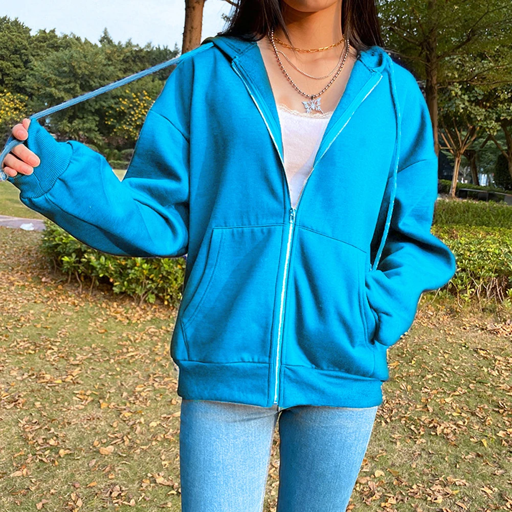 

y2k Women's Hoodies Casual Women's Loose Zip Up Hoodies Solid Color Long Sleeve Hooded Sweatshirts E-Girls Pullover Streetwear