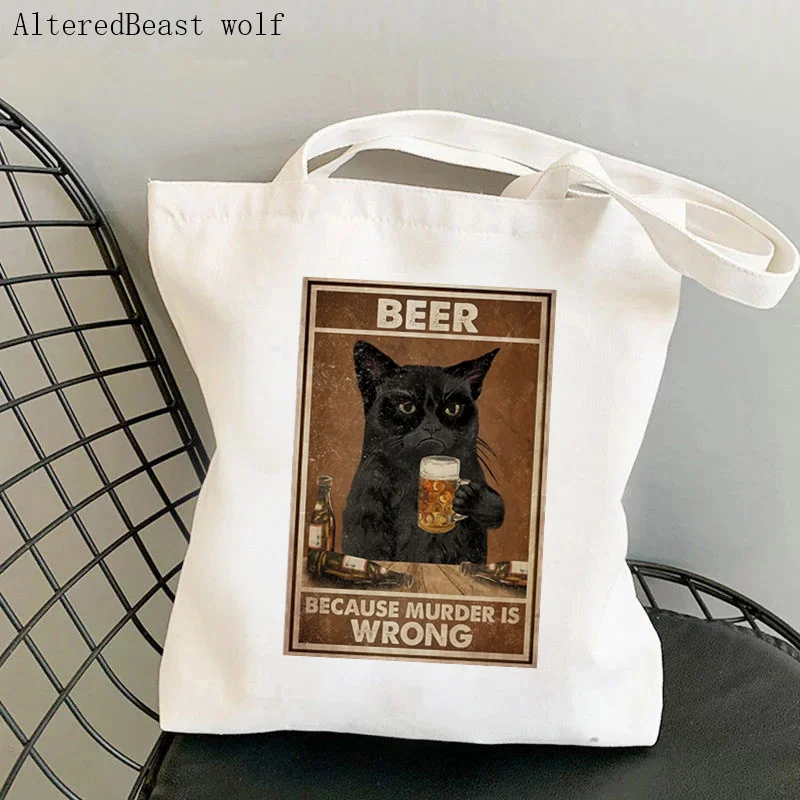 

Women Shopper bag Vintage Beer Because Murder Is Wrong Cat Bag Harajuku Shopping Canvas Bag girl handbag Tote Shoulder Lady Bag