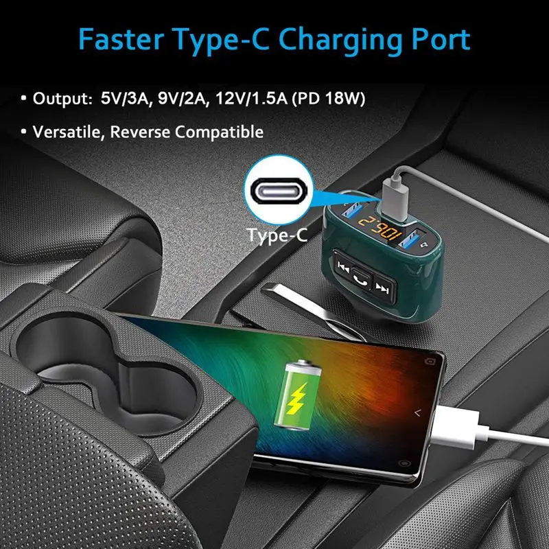 Bluetooth FM Transmitter Wireless Radio Adapter Receiver Car Kit with 18W USB Type-C Charger Port5V/2.4A Dual Ports Sup |