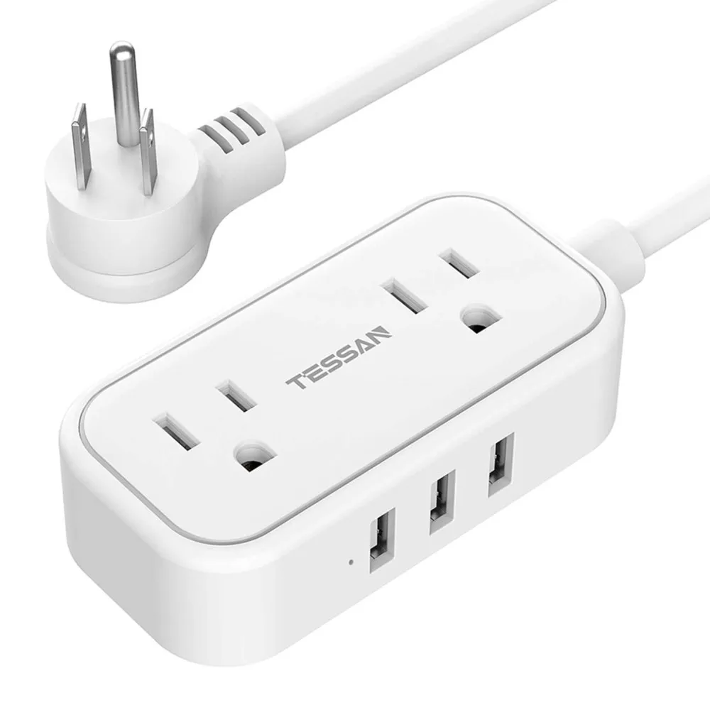 

TESSAN Small Flat Plug Power Strip with 2 AC Outlets 3 USB Ports 1.5m/5ft Extension Cord US Plug Multi Sockets Charging Station