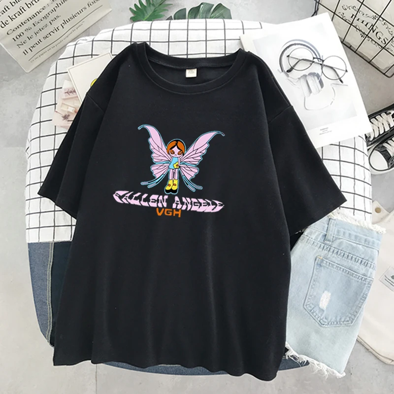 

Girl punk casual style butterfly graphics and letter printing stitches green Y2K summer punk style O-neck short sleeve T-shirt
