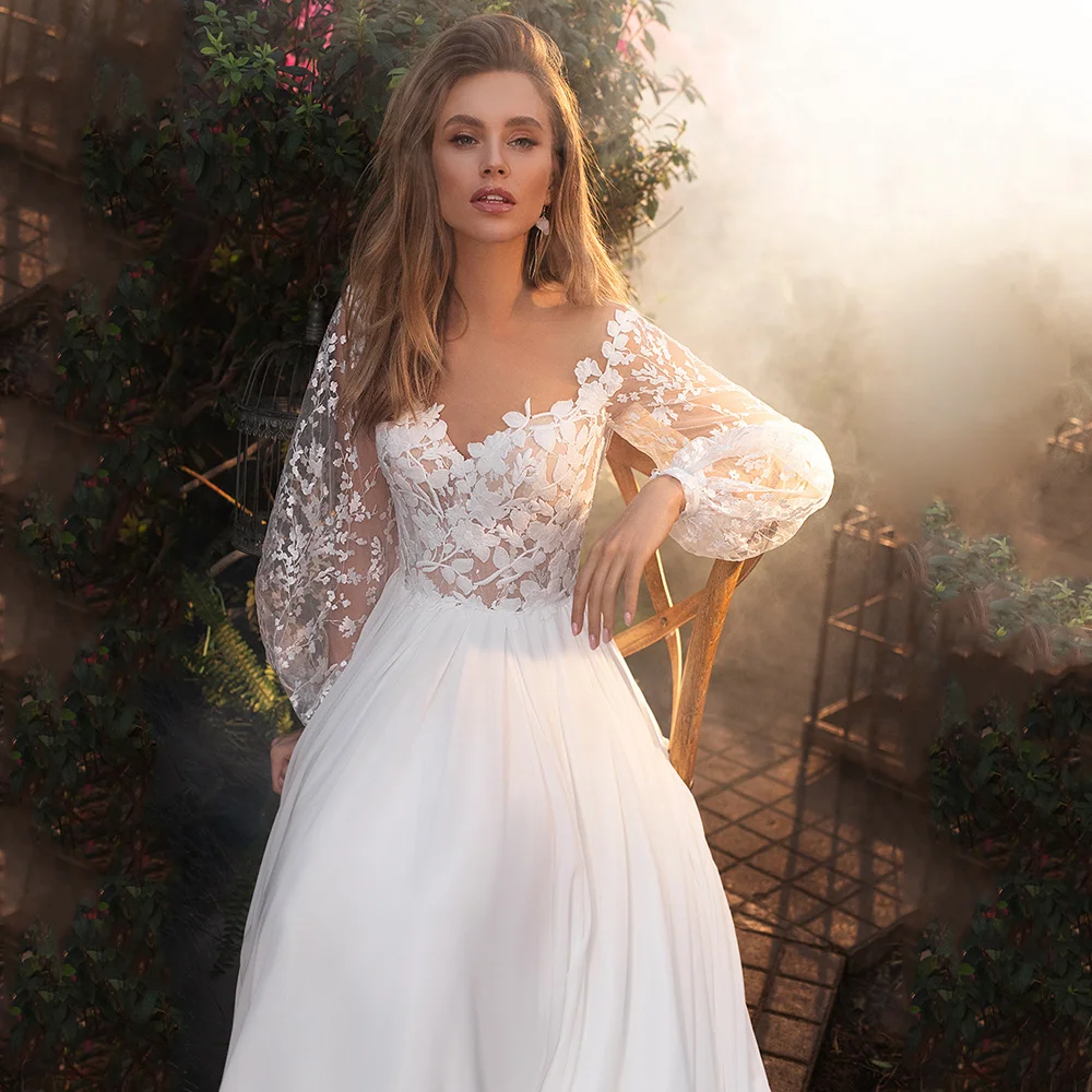 

TULX Boho Chiffon Wedding Dress with Puff Sleeves V Neck Sweep Train Sexy Lace A Line Boho Beach Robe De Mariee Custom Made Dres