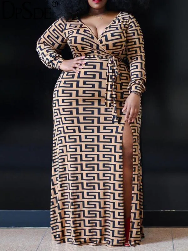 

Autumn Women Elegant Long Dresses Print Full Sleeve V-neck Sashes High Split Printed Floor-length Dresses African Clothing 2020