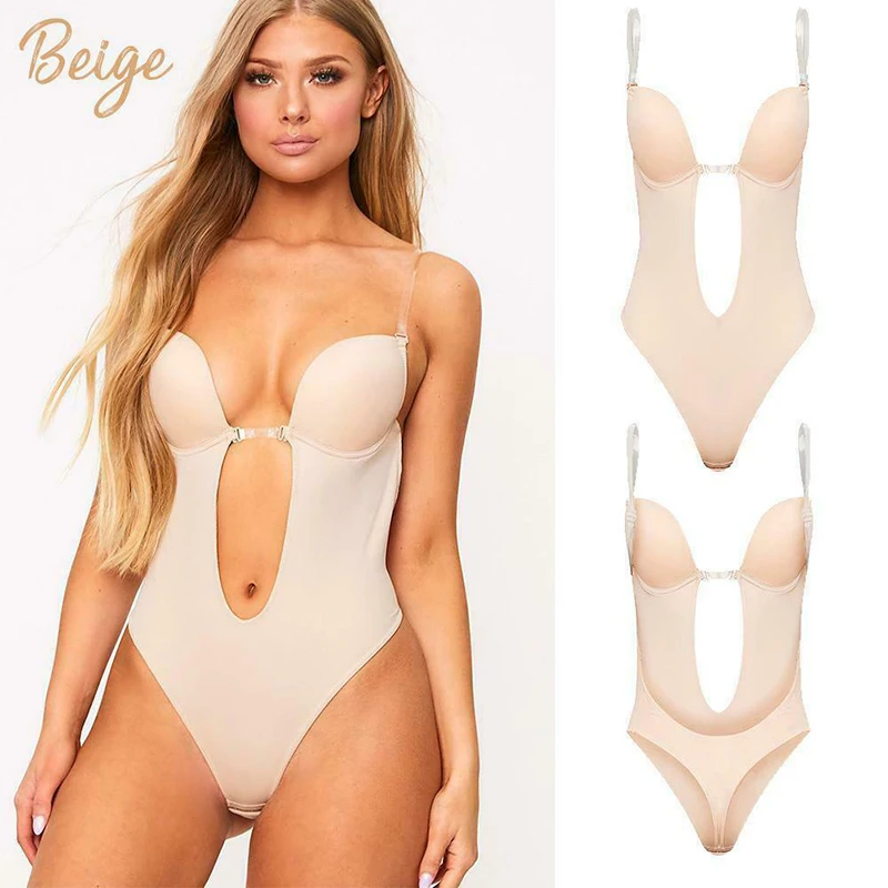 

Women Plunging Deep V-Neck Strapless Backless Bodysuit for Wedding Body Shaper Bra Shapewear U Plunge JL