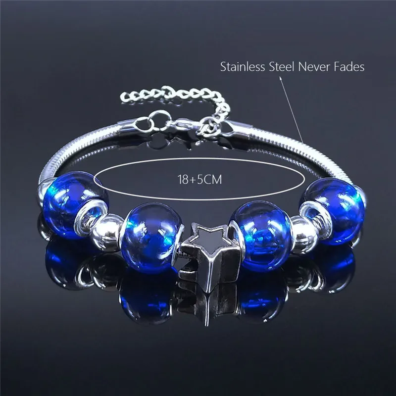 

Witchcraft Pentagram Stainless Steel Blue Glass Chain Bracelets Women Silver Color Bead Bangle Bracelet Jewelry joyas BXS01