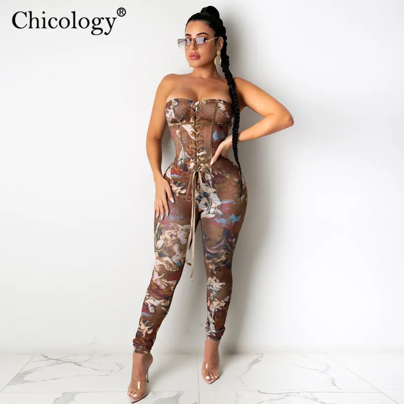 

Женский комбинезон на шнуровке Chicology, винтажный Облегающий комбинезон с принтом, вечерние Клубные наряды, зима-осень 2020, модная уличная одеж...