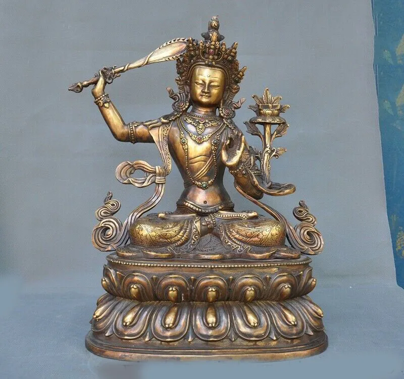 

Свадебные украшения 18 "тибетская бронзовая позолота инкрустация gem Держите меч Манджушри тара Гуань Инь статуя Будды